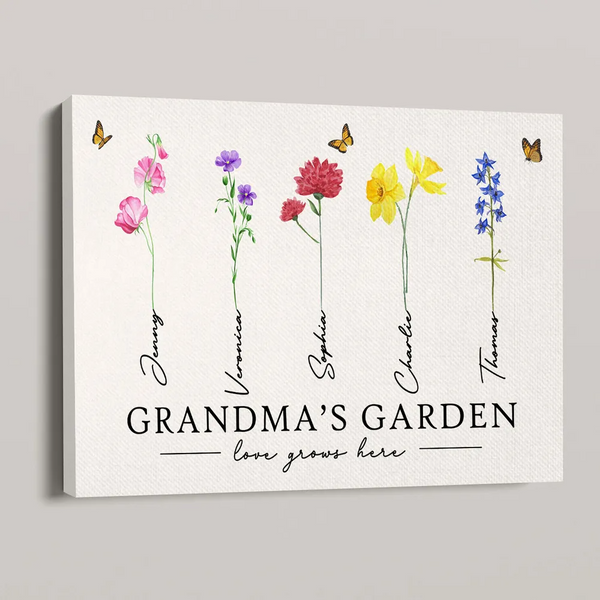 Grandma‘s Garden Love Grows Here Watercolor Birth Month Flower - Personalized Canvas - Gift For Grandma, Mom