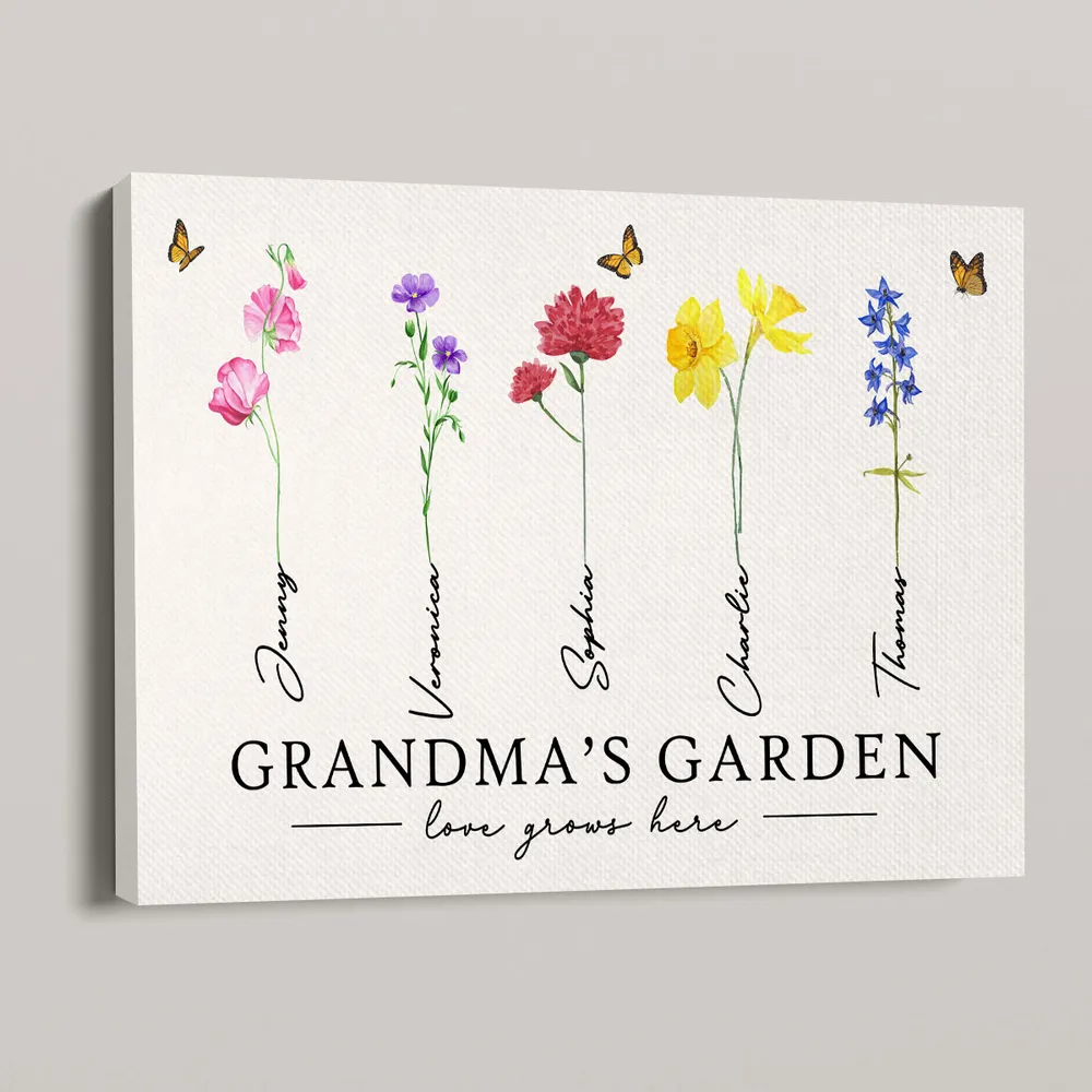 Grandma‘s Garden Love Grows Here Watercolor Birth Month Flower - Personalized Canvas - Gift For Grandma, Mom