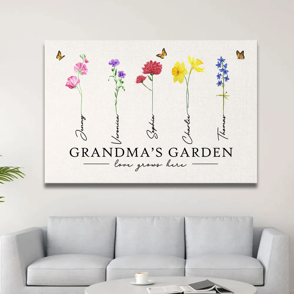 Grandma‘s Garden Love Grows Here Watercolor Birth Month Flower - Personalized Canvas - Gift For Grandma, Mom
