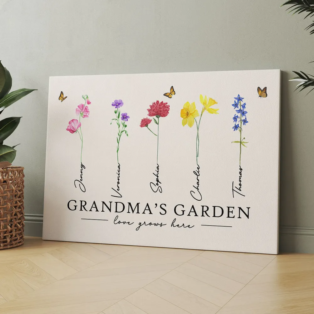 Grandma‘s Garden Love Grows Here Watercolor Birth Month Flower - Personalized Canvas - Gift For Grandma, Mom