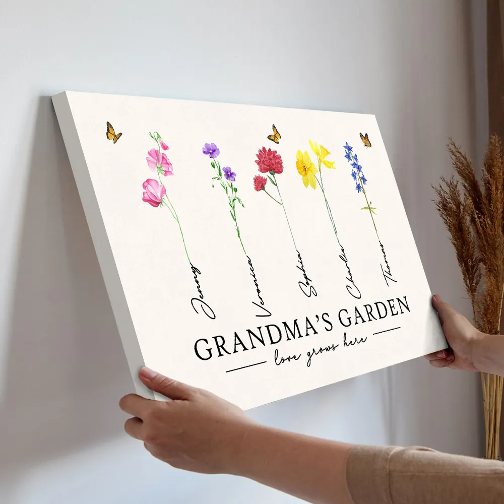 Grandma‘s Garden Love Grows Here Watercolor Birth Month Flower - Personalized Canvas - Gift For Grandma, Mom