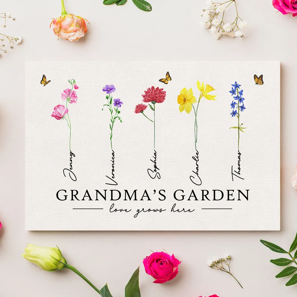 Grandma‘s Garden Love Grows Here Watercolor Birth Month Flower - Personalized Canvas - Gift For Grandma, Mom