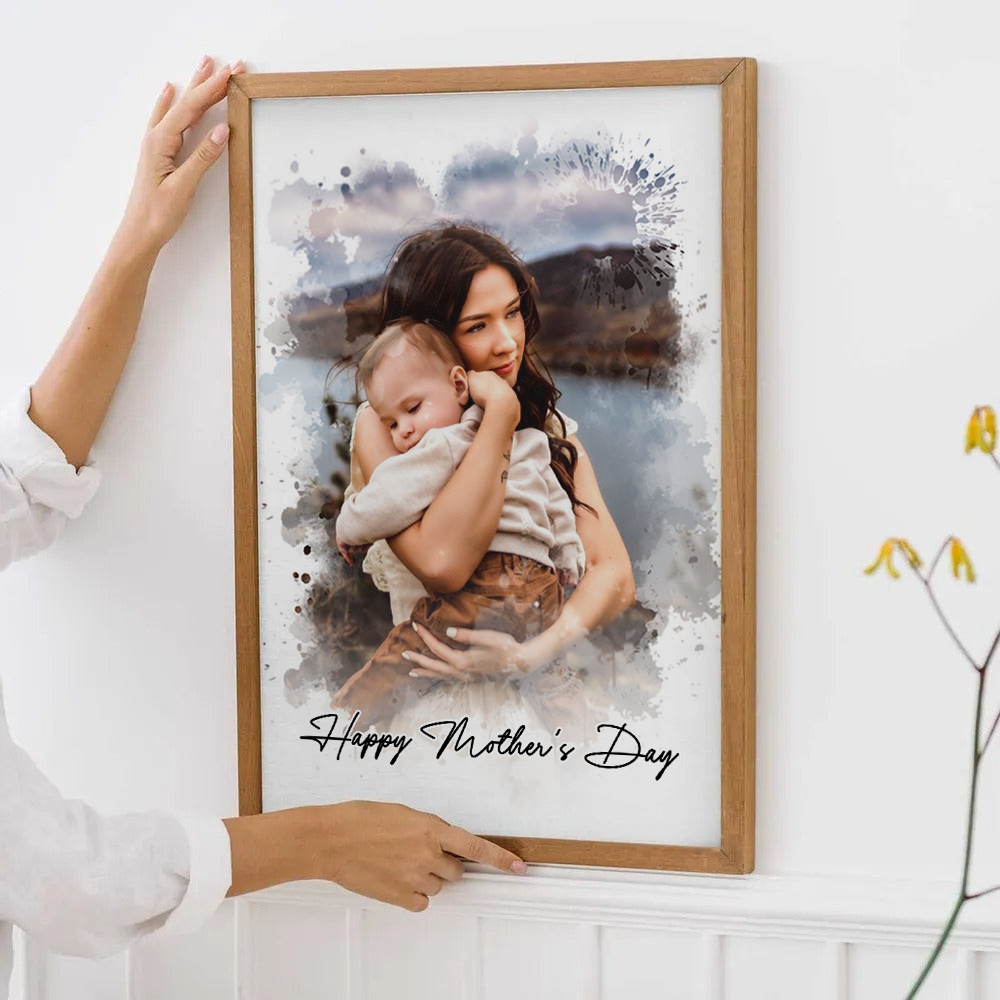 Custom Photo Watercolor Mom Portrait - Personalized Canvas Prints - Gift For Mom, Mother's Day