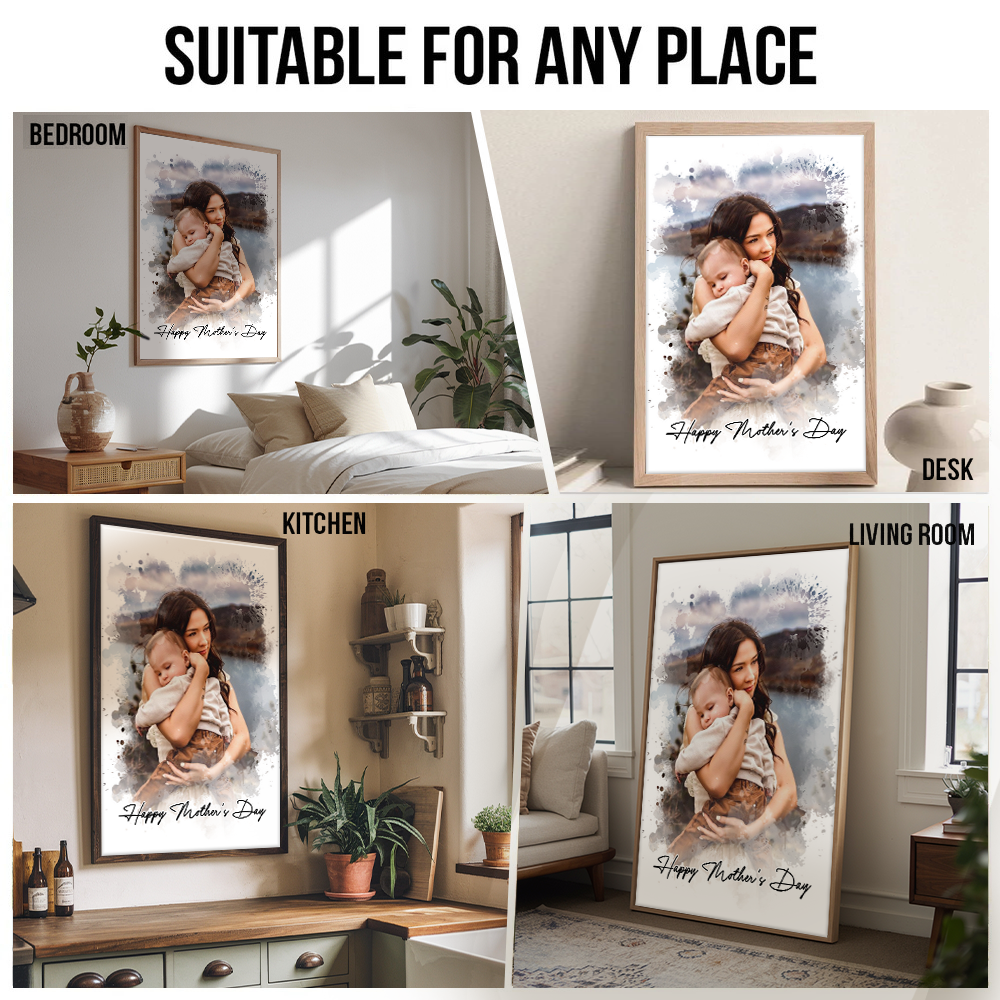 Custom Photo Watercolor Mom Portrait - Personalized Canvas Prints - Gift For Mom, Mother's Day