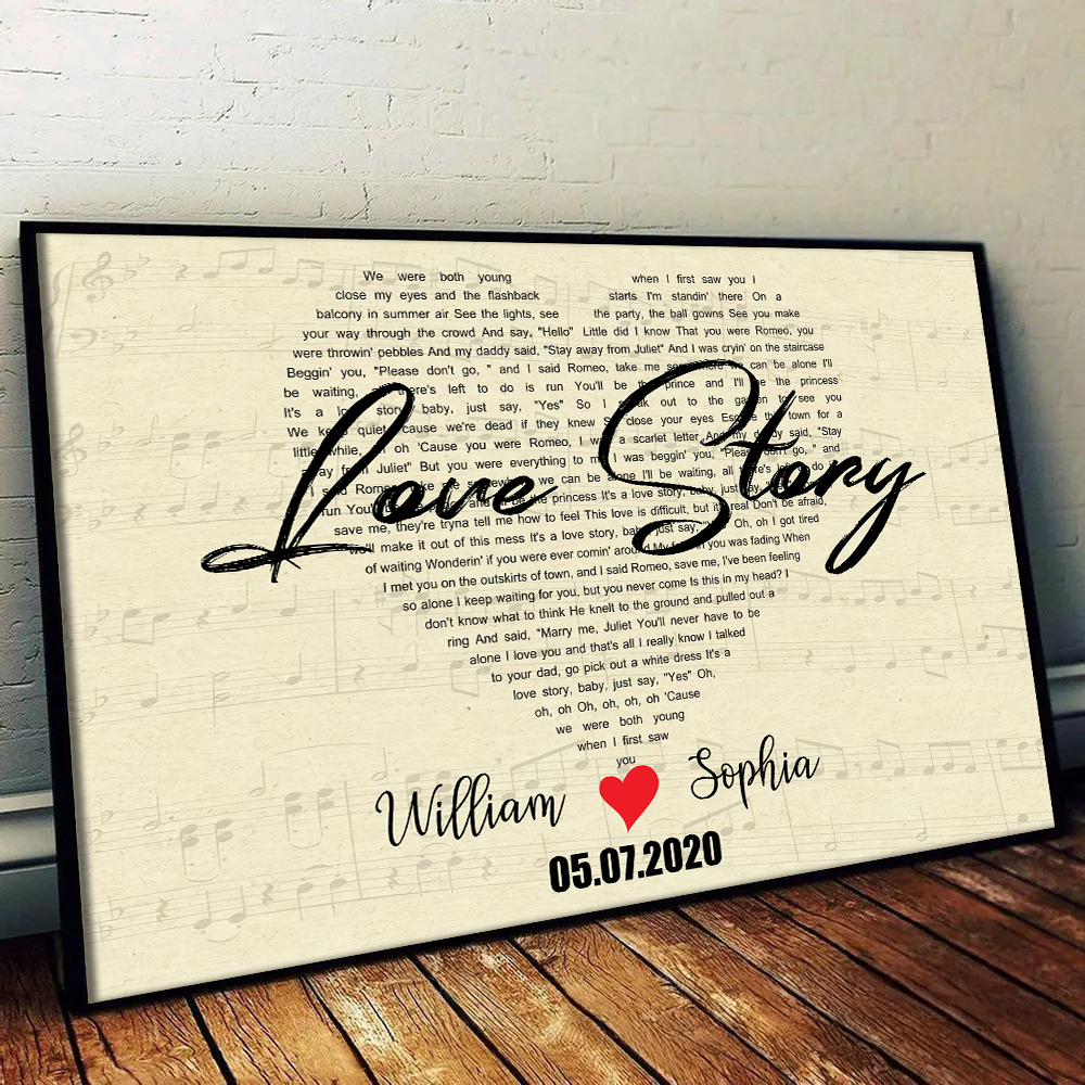 Custom Heart Shaped Song Lyrics - Personalized Canvas Print - Gift For Her/Him, Husband/Wife, Couples on Anniversary, Valentine's Day