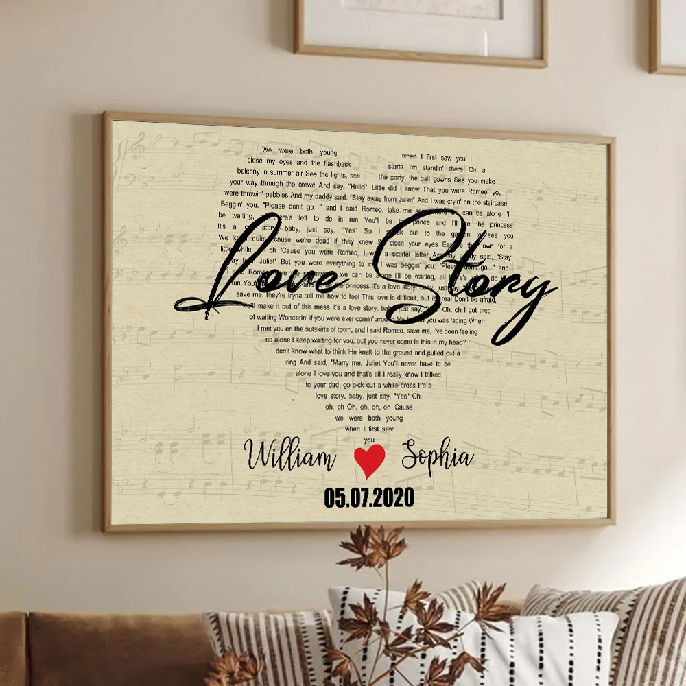 Custom Heart Shaped Song Lyrics - Personalized Canvas Print - Gift For Her/Him, Husband/Wife, Couples on Anniversary, Valentine's Day