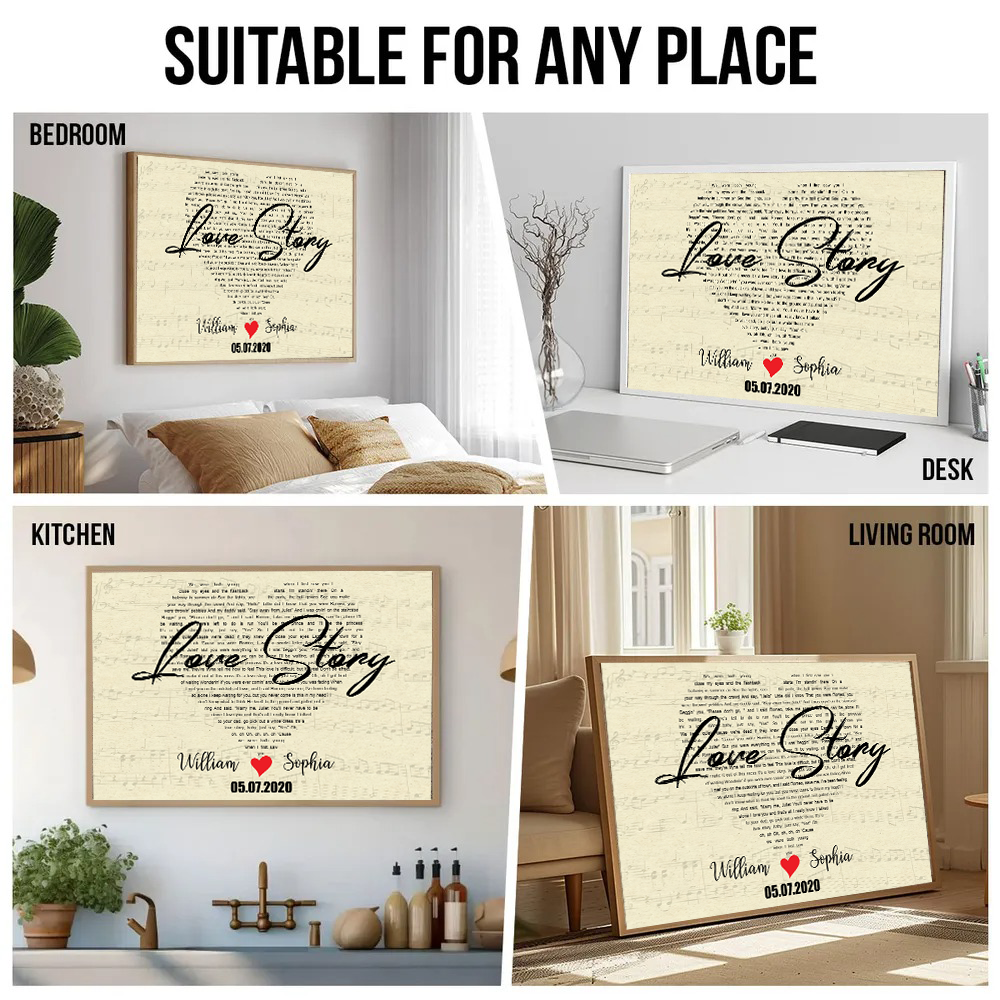Custom Heart Shaped Song Lyrics - Personalized Canvas Print - Gift For Her/Him, Husband/Wife, Couples on Anniversary, Valentine's Day