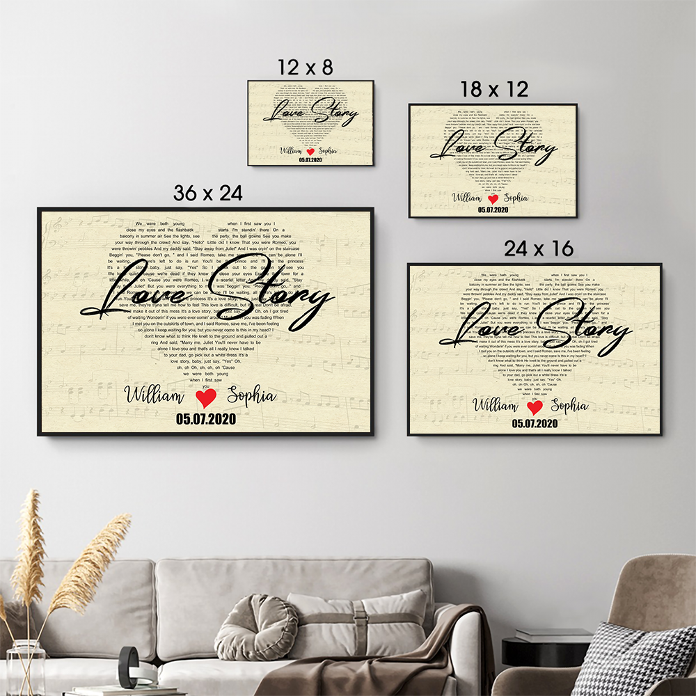 Custom Heart Shaped Song Lyrics - Personalized Canvas Print - Gift For Her/Him, Husband/Wife, Couples on Anniversary, Valentine's Day
