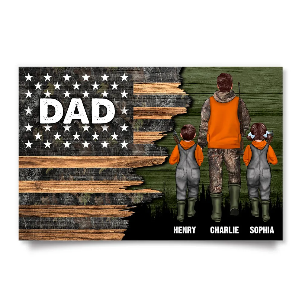 Hunting Dad Grandpa With Kids Half Nation Flag - Personalized Canvas - Gift For Hunter, Hunting Season, Gift for Dad, Papa, Grandpa, Daddy, Dada