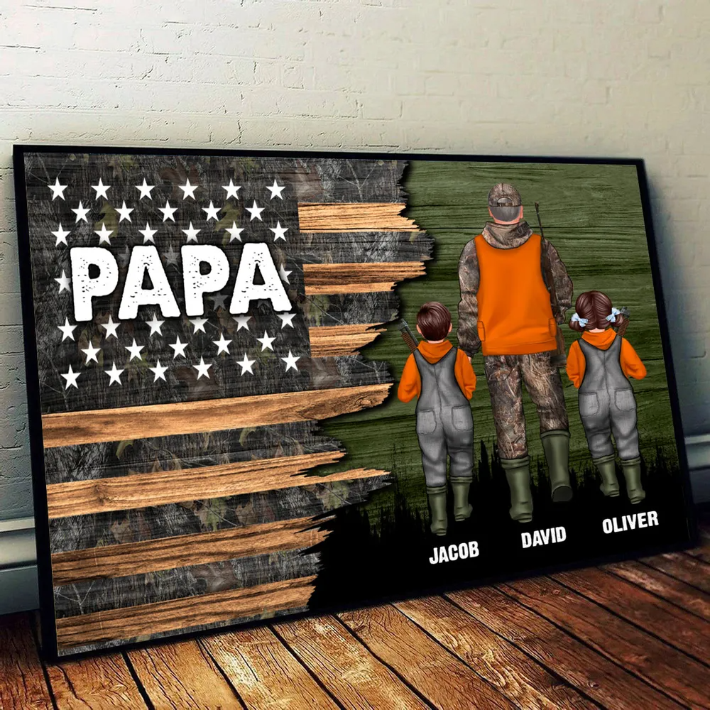 Hunting Dad Grandpa With Kids Half Nation Flag - Personalized Canvas - Gift For Hunter, Hunting Season, Gift for Dad, Papa, Grandpa, Daddy, Dada