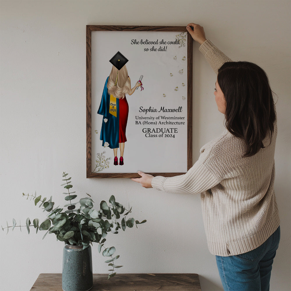 She Believed She Could So She Did - Personalized Canvas Print - Graduation Gifts, Presents & Ideas For Her/Him, Grad Ceremony, Commencement, Convocation, College & University