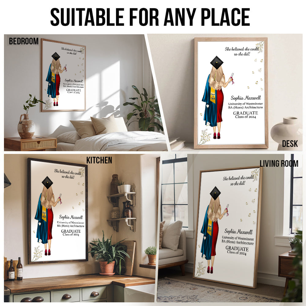 She Believed She Could So She Did - Personalized Canvas Print - Graduation Gifts, Presents & Ideas For Her/Him, Grad Ceremony, Commencement, Convocation, College & University