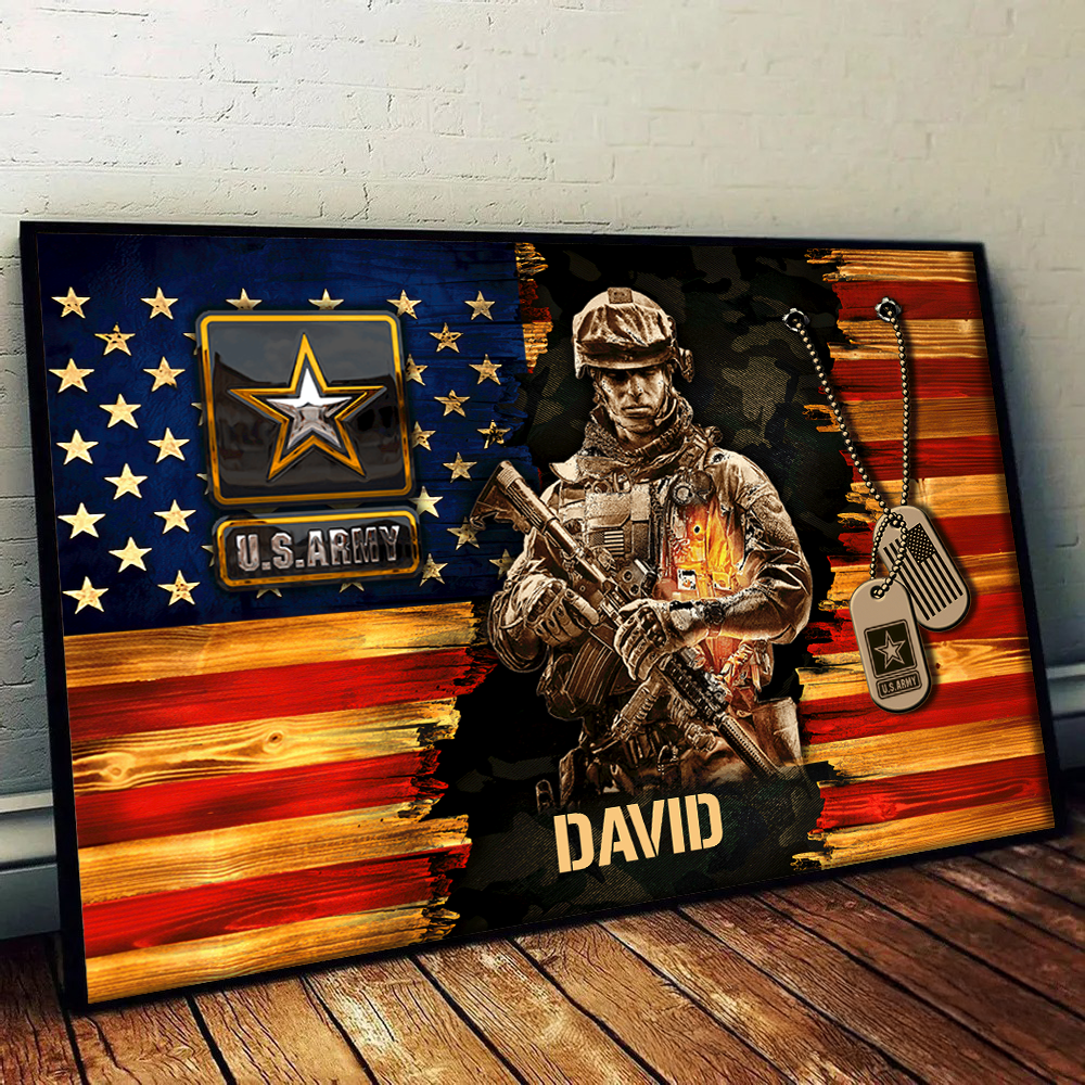 Soldier American Rustic Flag - Personalized Canvas - Gift For Military Veteran Dad Grandpa Veteran