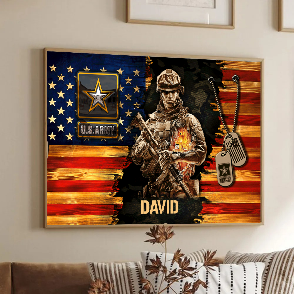 Soldier American Rustic Flag - Personalized Canvas - Gift For Military Veteran Dad Grandpa Veteran