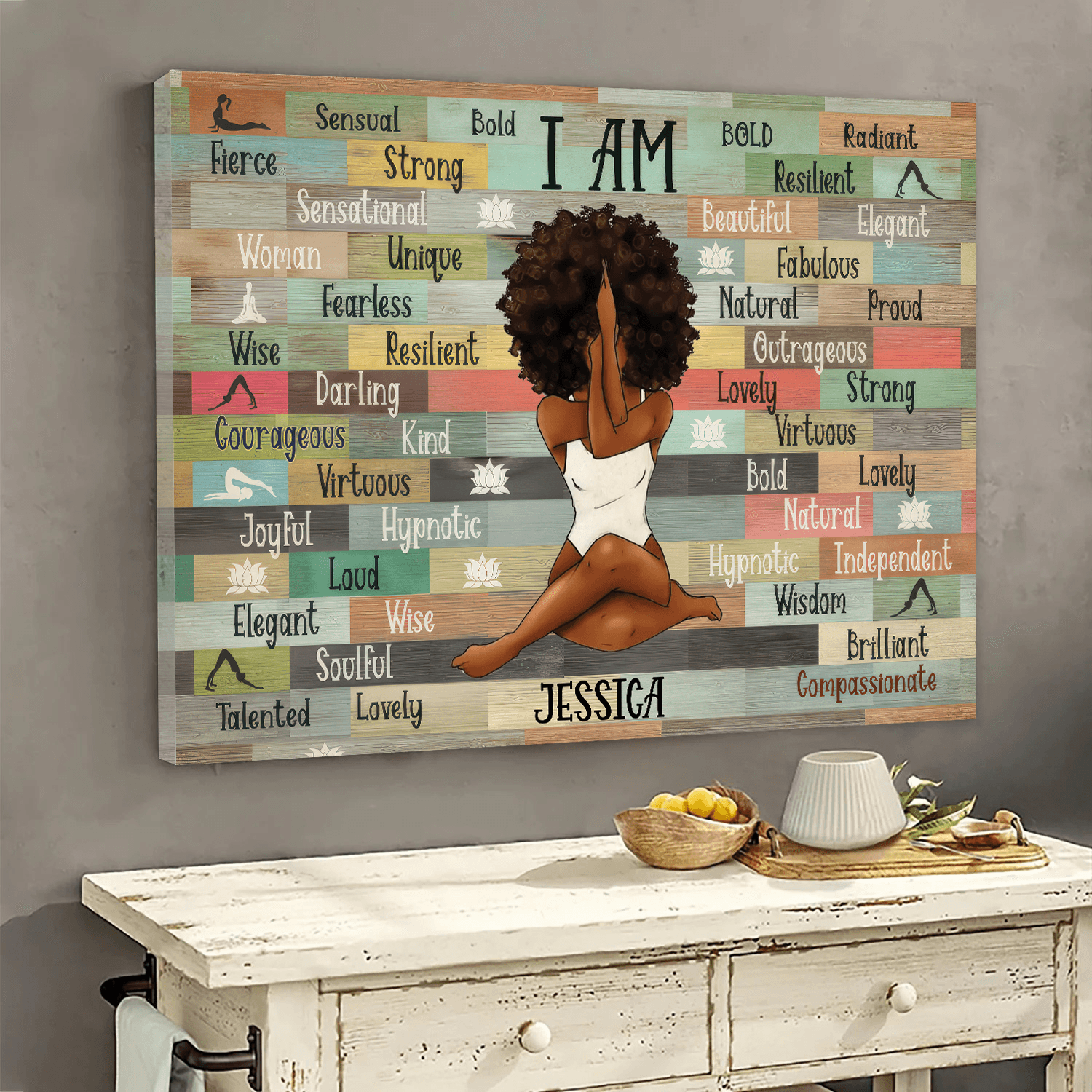 I Am Black Woman Yoga Pose - Personalized Canvas - Gift for Black Woman, Black Girl - Black History Month, Juneteenth | Custom Black Art, African American