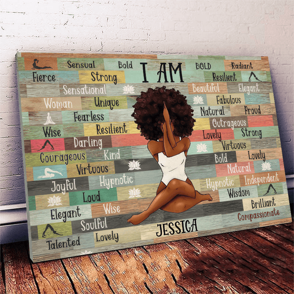 I Am Black Woman Yoga Pose - Personalized Canvas - Gift for Black Woman, Black Girl - Black History Month, Juneteenth | Custom Black Art, African American
