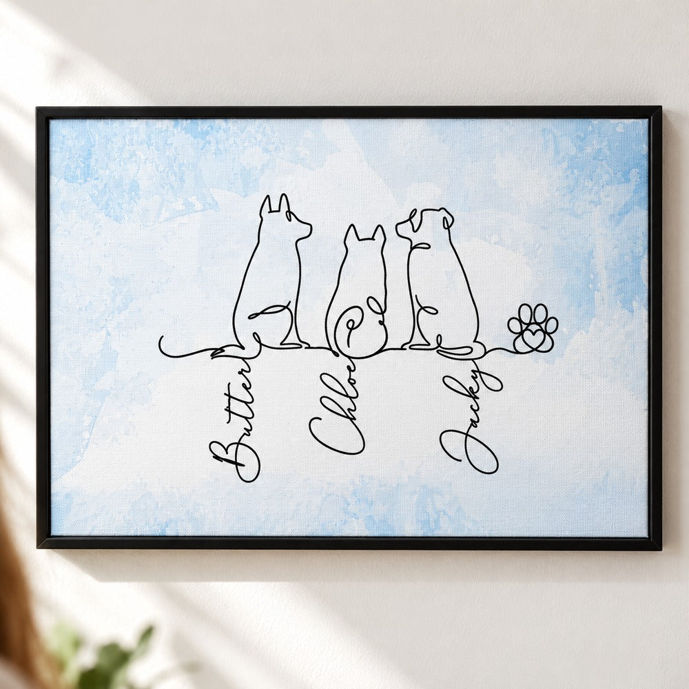 Close-up detail of personalized dog line art canvas print texture and cursive names