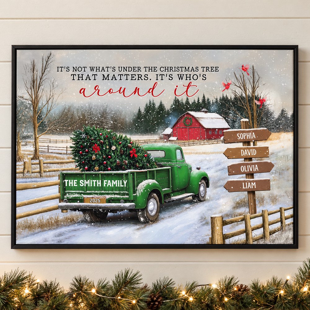 Personalized family Christmas truck canvas hanging on a wall with pine garland and lights