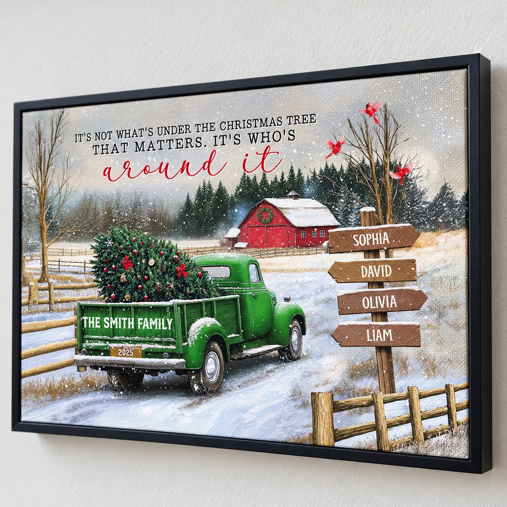 Close-up detail of personalized signpost names and canvas texture on Christmas wall art