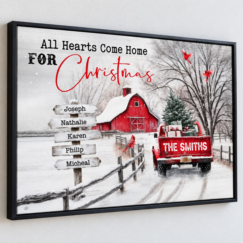 Close-up detail of canvas print texture showing personalized family signpost and red cardinal