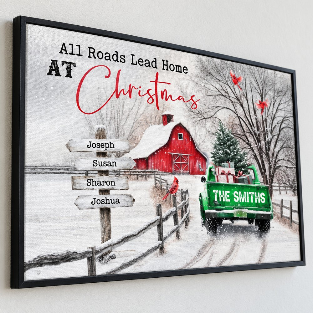 Close-up detail of personalized family signpost names and canvas texture on Christmas wall art