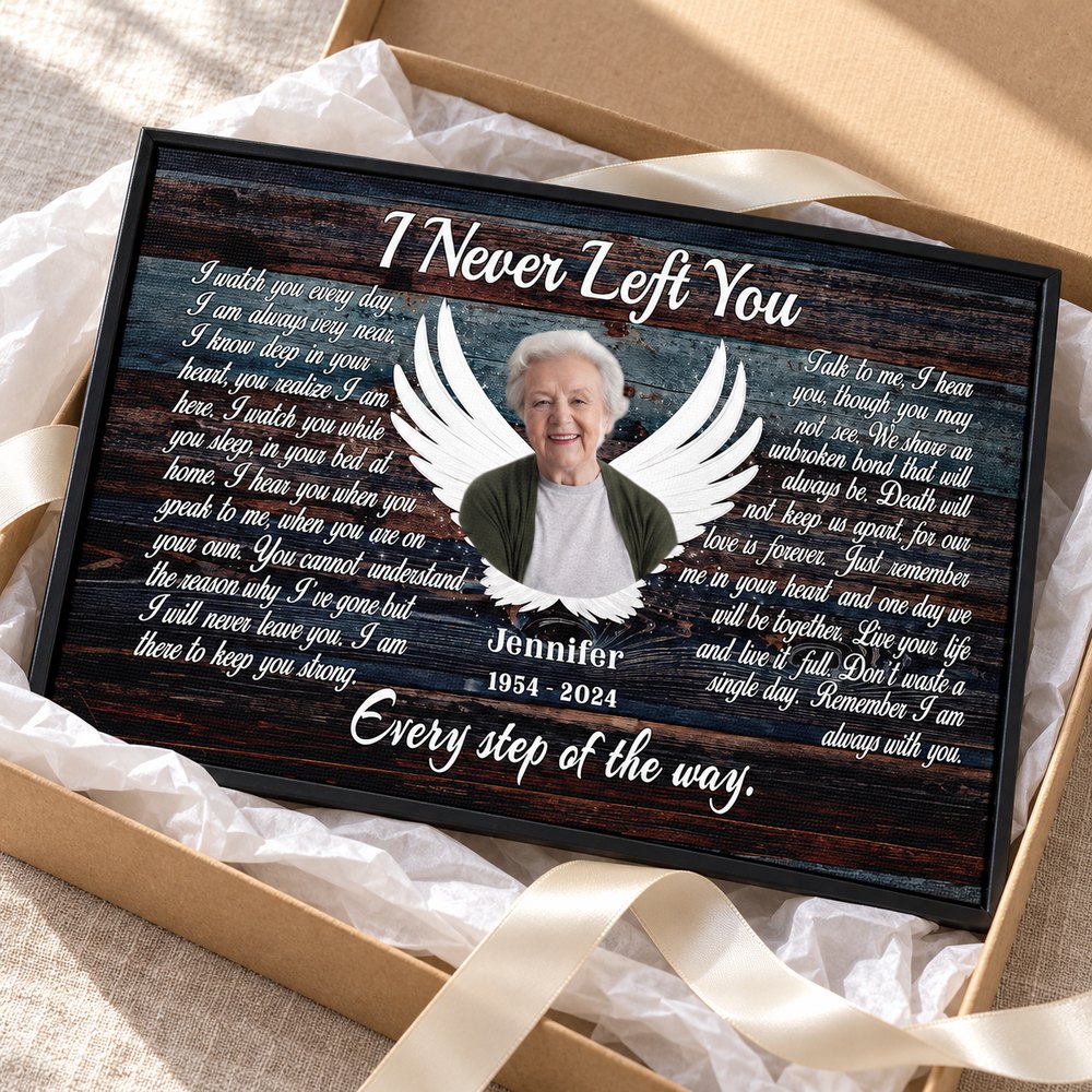 Personalized memorial canvas I Never Left You presented in holiday gift box with ribbon