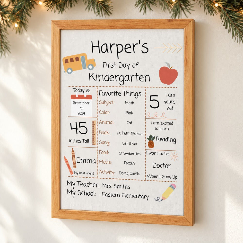 Back to School personalized framed canvas sign with festive garland and fairy lights