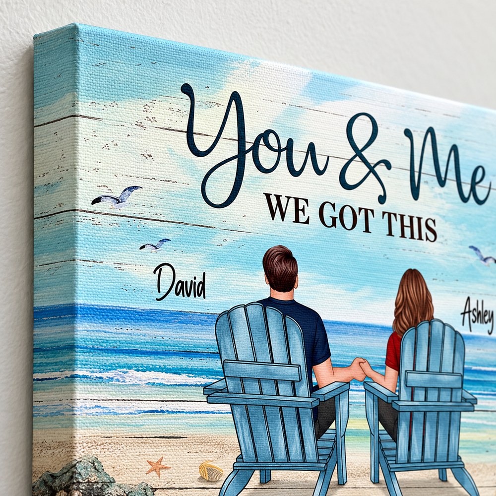 Close-up detail of stretched canvas weave texture and gallery-wrapped edge on personalized couple print