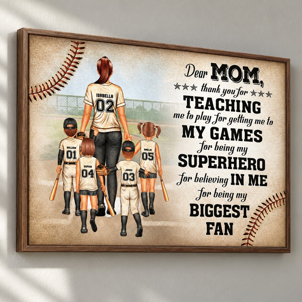 Detail view of custom jersey names and numbers on baseball mom canvas print