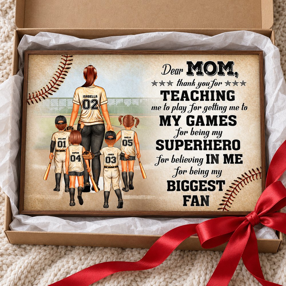 Personalized baseball mom canvas print inside an open holiday gift box with red ribbon