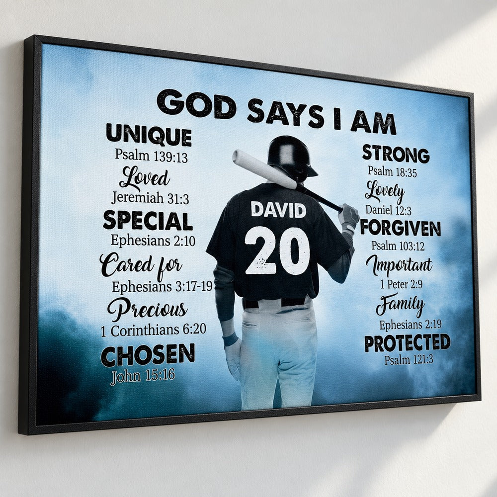 Close-up detail of textured canvas print and black frame on Baseball God Says I Am wall art