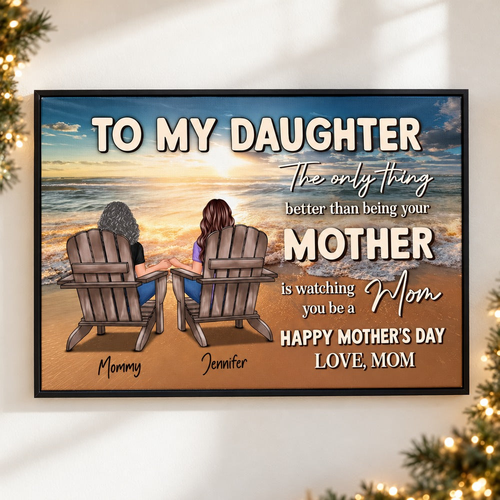 Personalized Mother's Day canvas print for daughter displayed on a wall with festive holiday garland