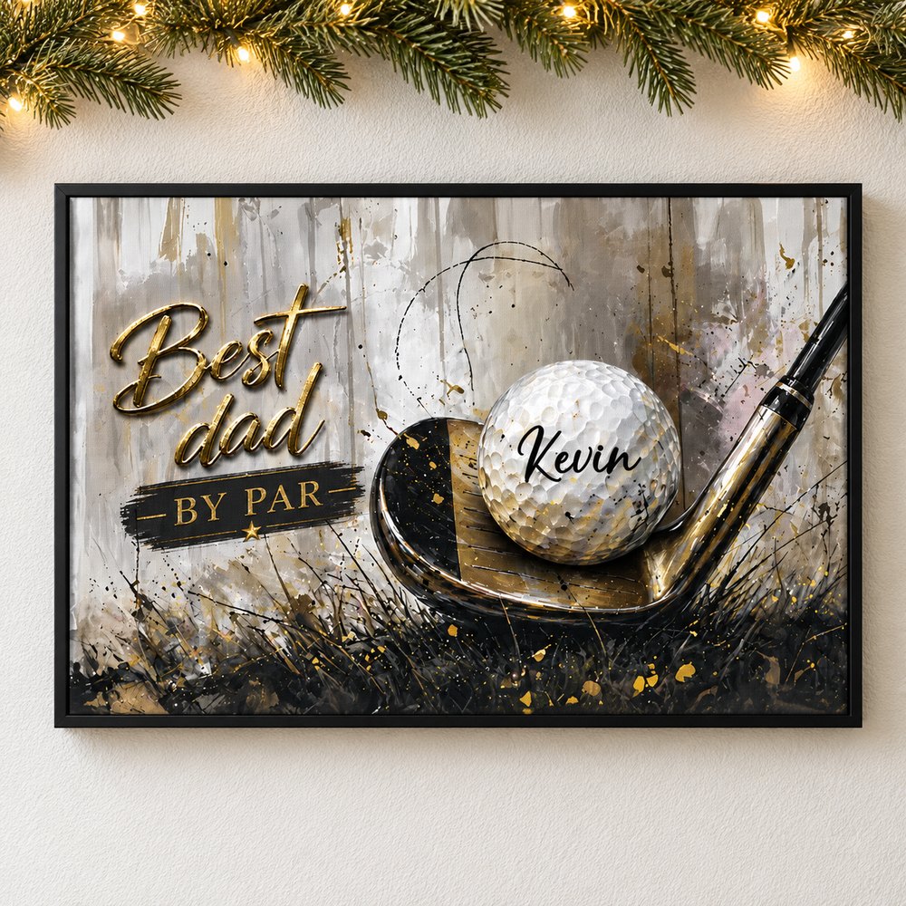 Best Golf Dad by Par personalized canvas print on wall with holiday pine garland