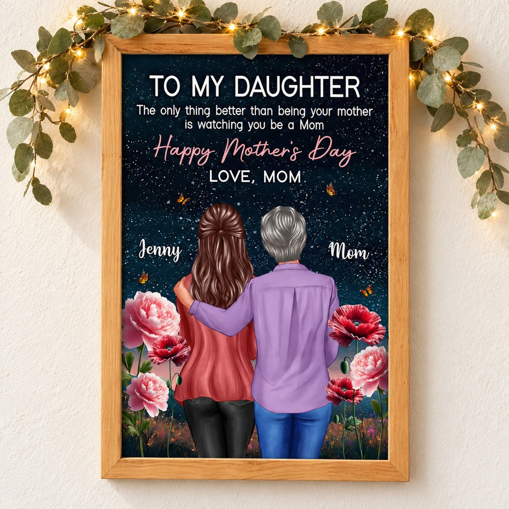 Birth Flower At Night To My Daughter From Mom framed canvas print hanging on a cream wall with eucalyptus