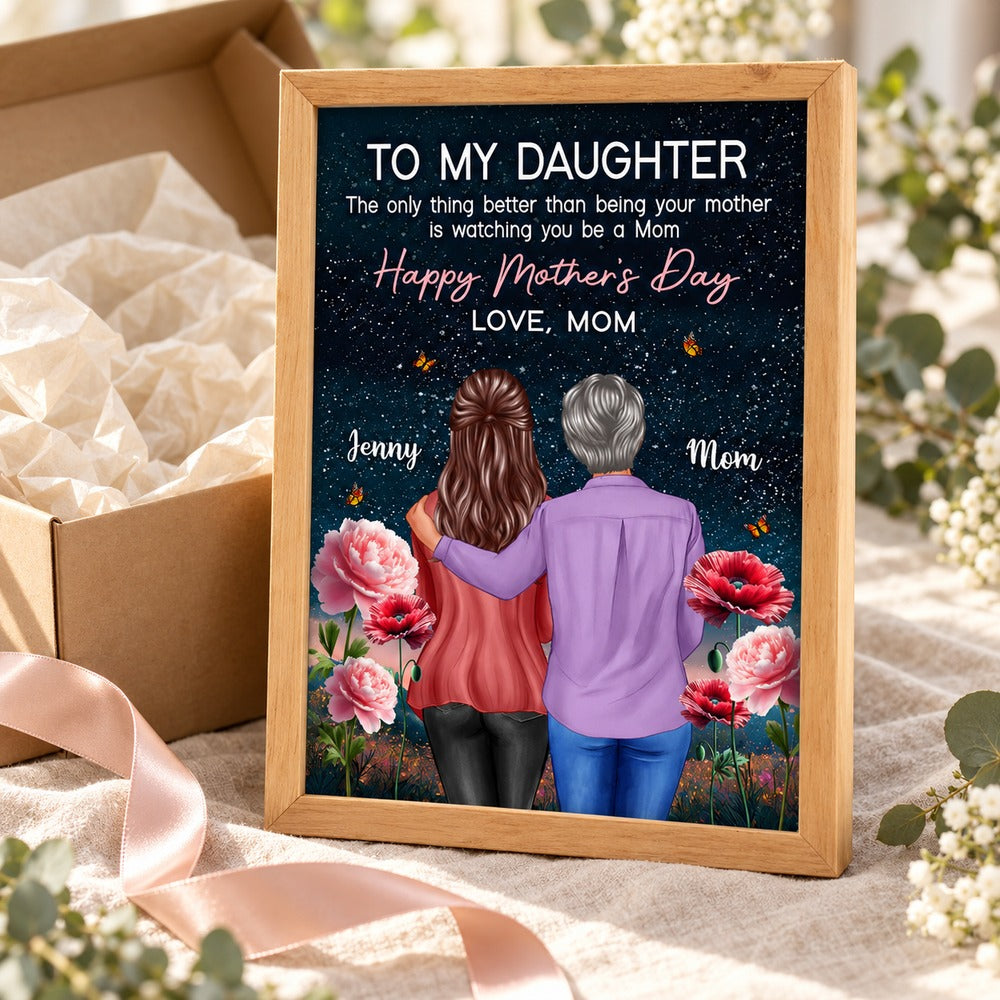 Personalized To My Daughter From Mom framed canvas next to an open gift box with satin ribbon