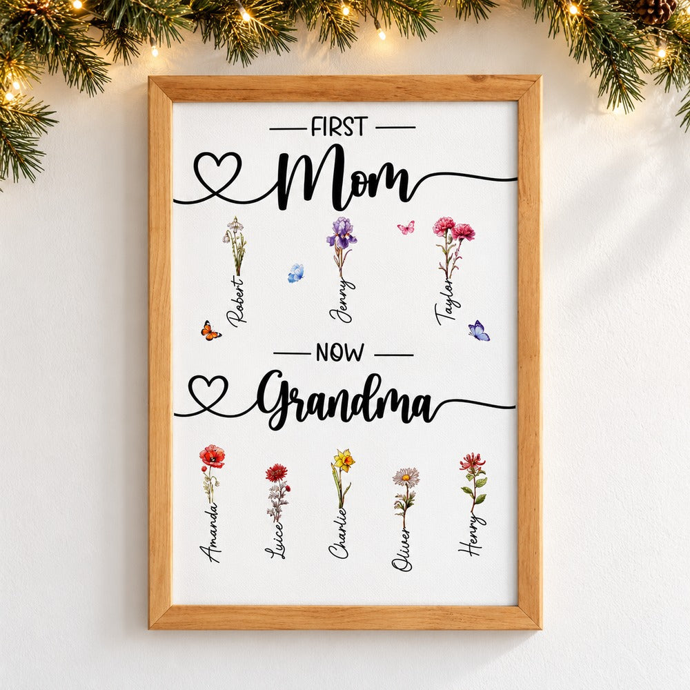 Personalized First Mom Now Grandma birth flower framed canvas on holiday wall with pine garland