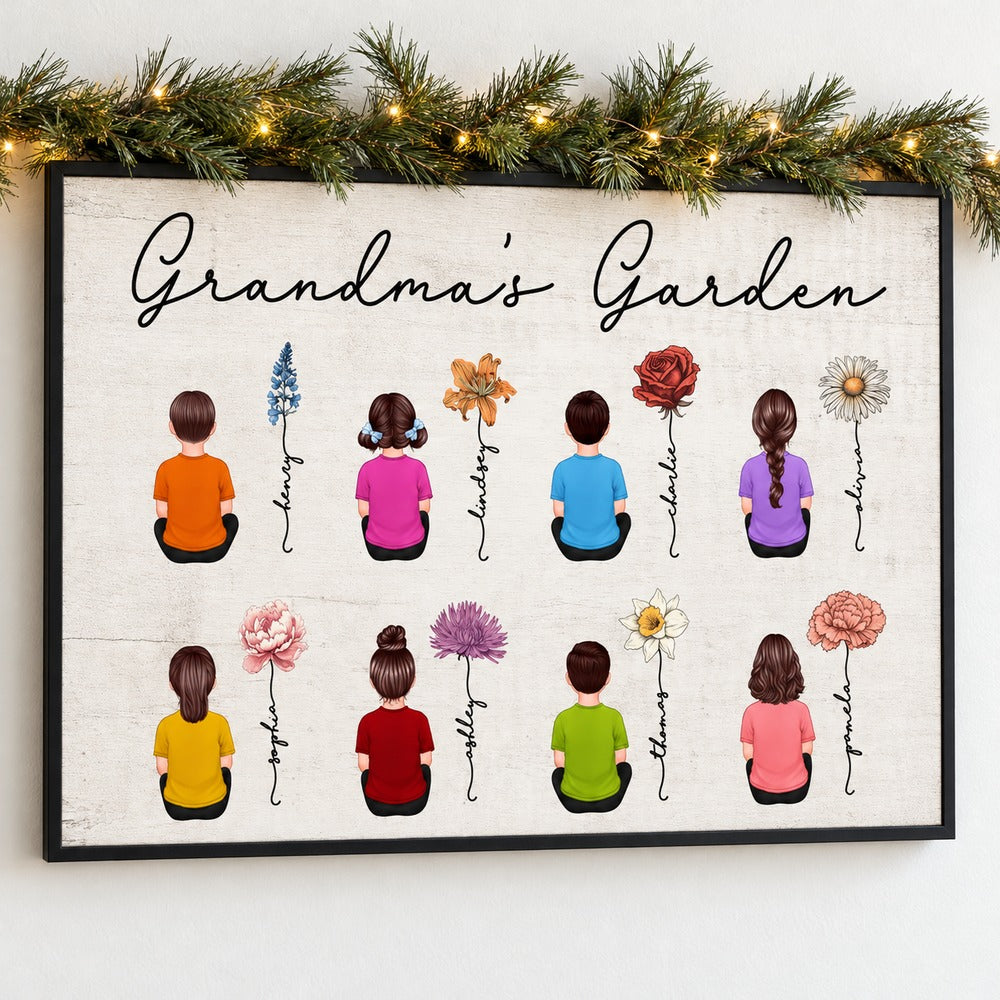 Personalized Grandma's Garden birth month flower canvas on wall with holiday garland