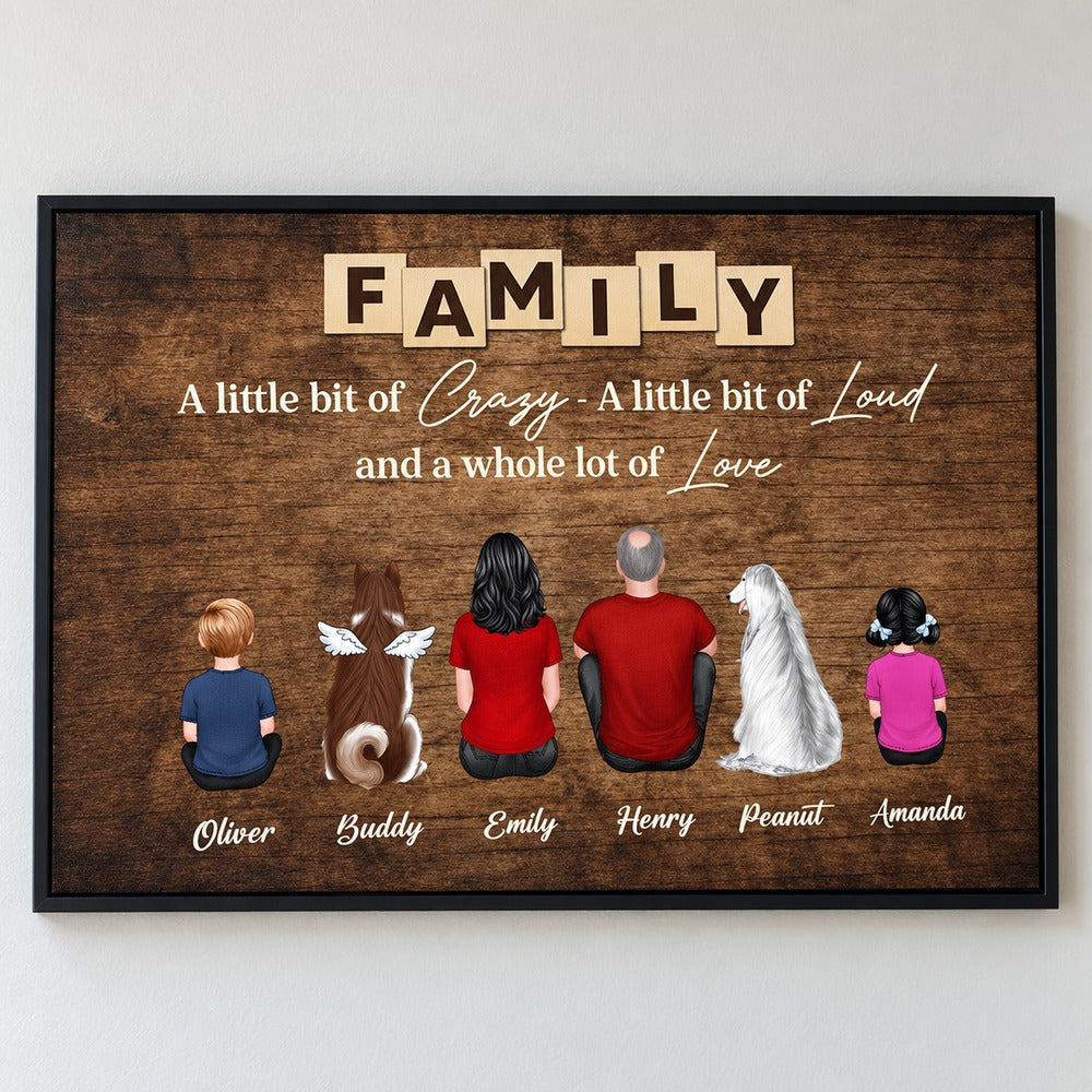 Close up detail of canvas texture and personalized family and dog illustrations