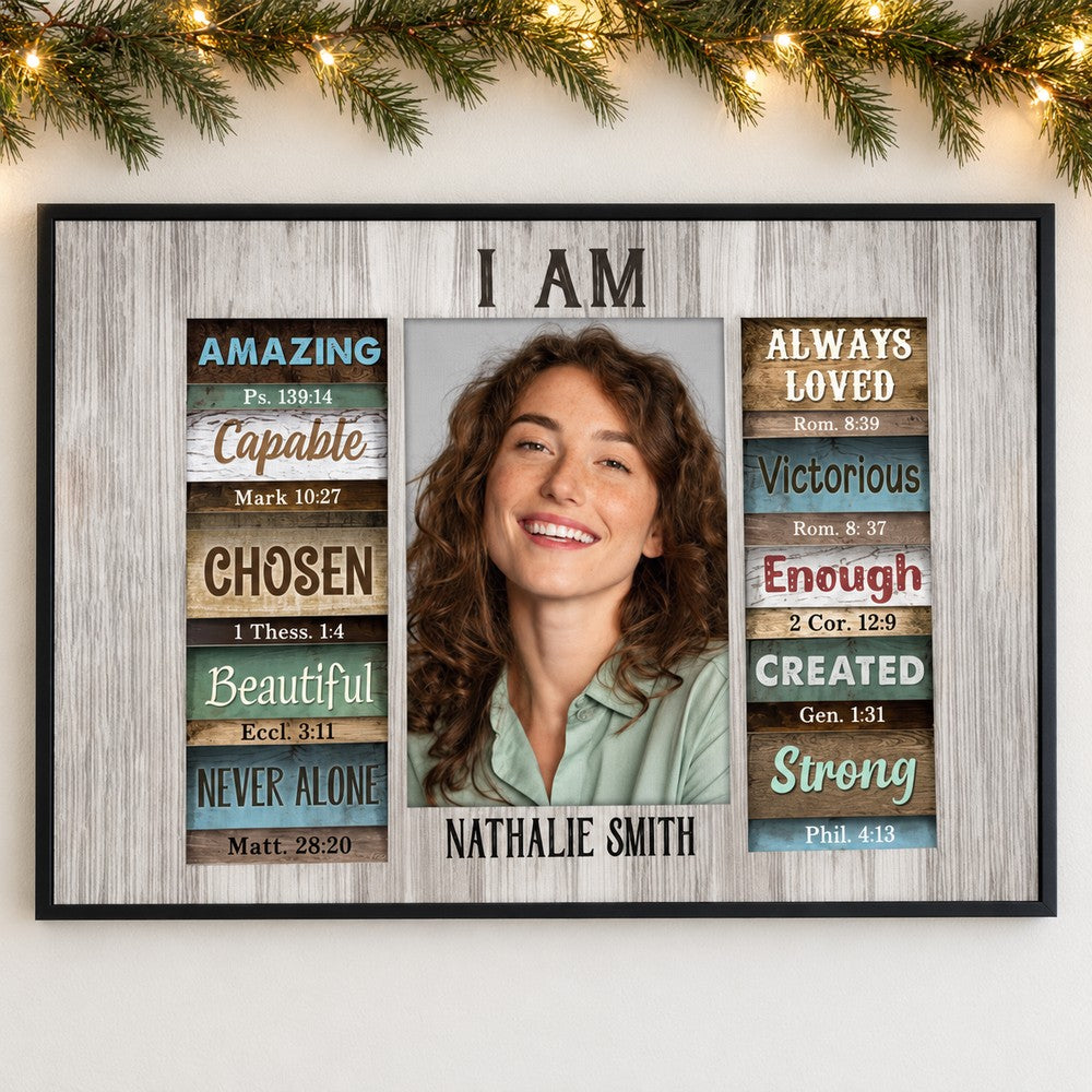 Personalized Christian I Am canvas print hanging on a wall with holiday garland