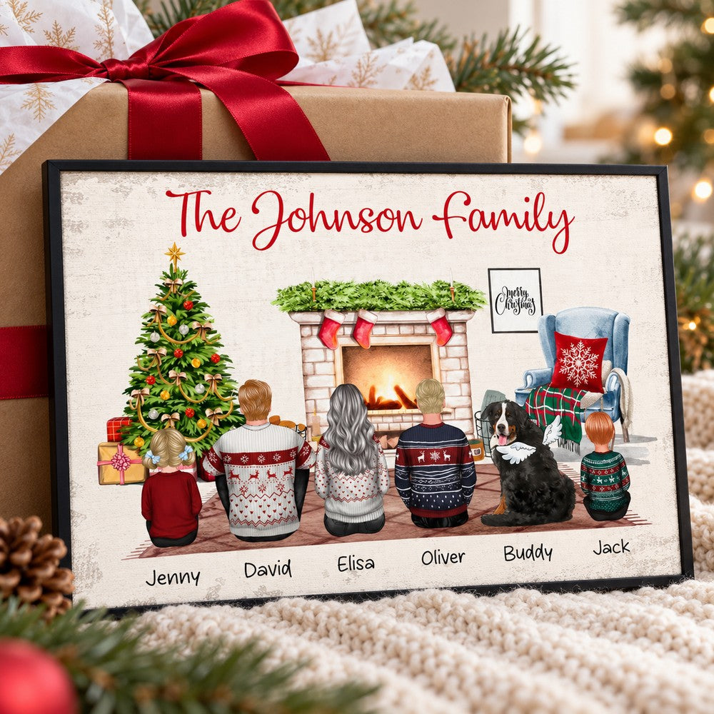 Personalized Christmas family canvas print next to a ribbon-wrapped holiday gift box