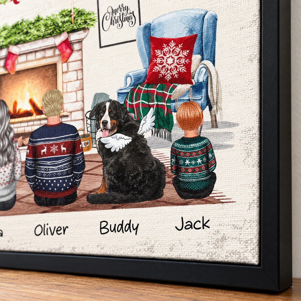 Close-up detail of canvas texture and personalized family figures on Christmas wall art