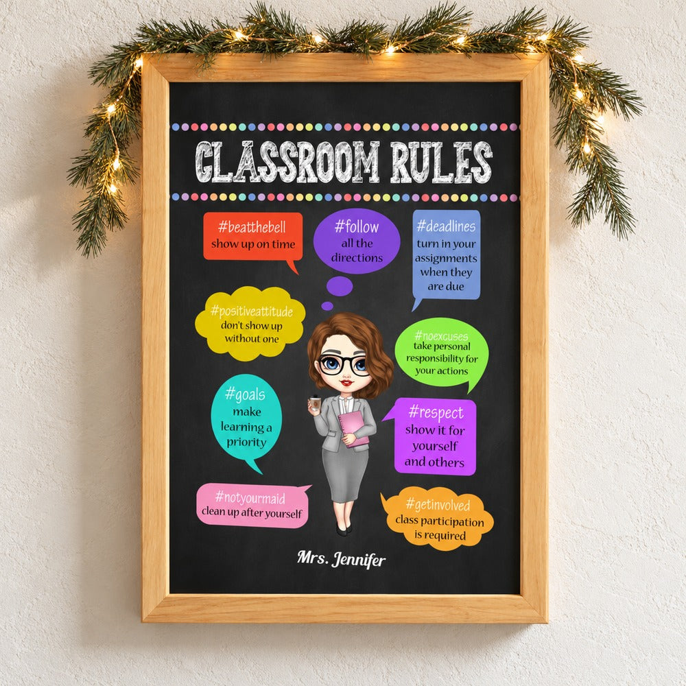 Personalized Classroom Rules framed canvas for Mrs. Jennifer on a wall with holiday pine garland