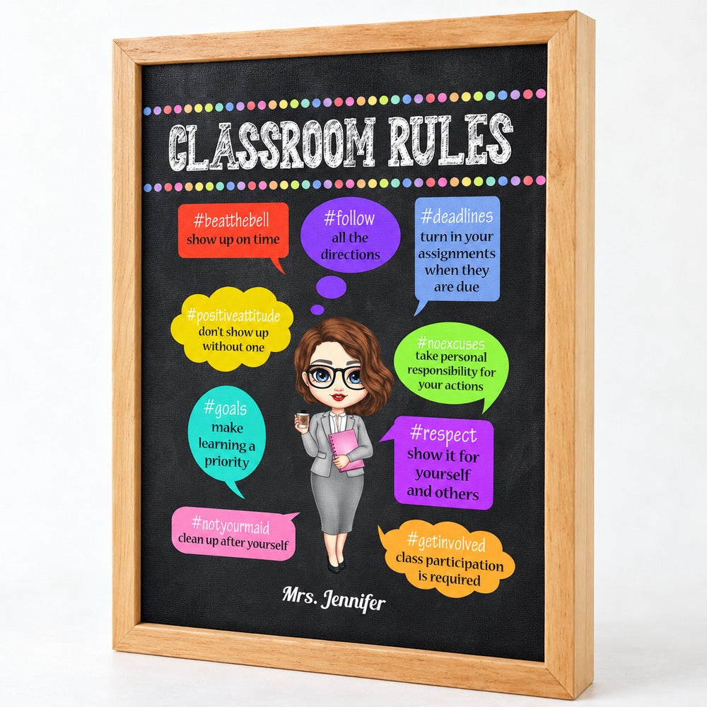 Close-up detail of the wood frame, canvas texture, and colorful chalk printing on the teacher sign