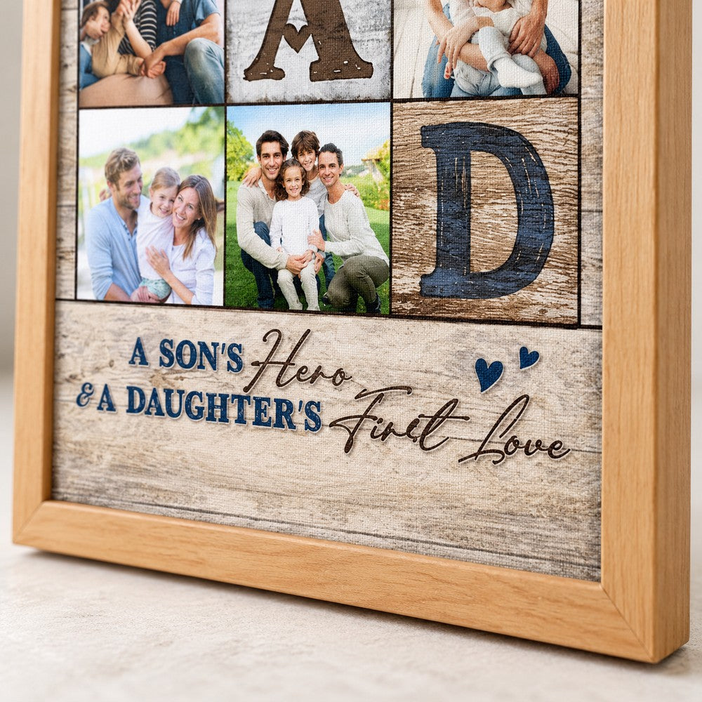 Close-up detail of canvas print texture, wood frame, and printed Dad quote