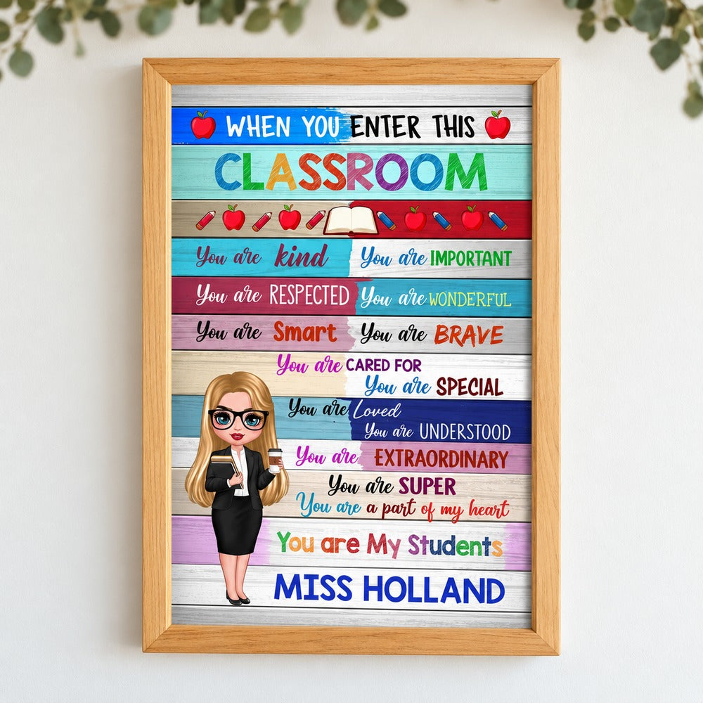 Personalized teacher classroom welcome framed canvas hanging on a bright wall