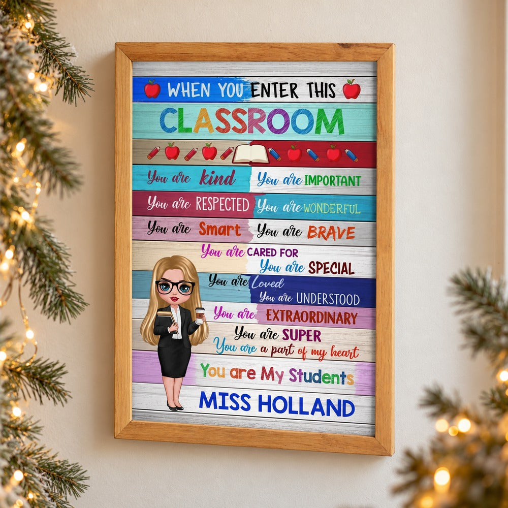 Custom teacher doll framed canvas print on a wall with soft holiday greenery