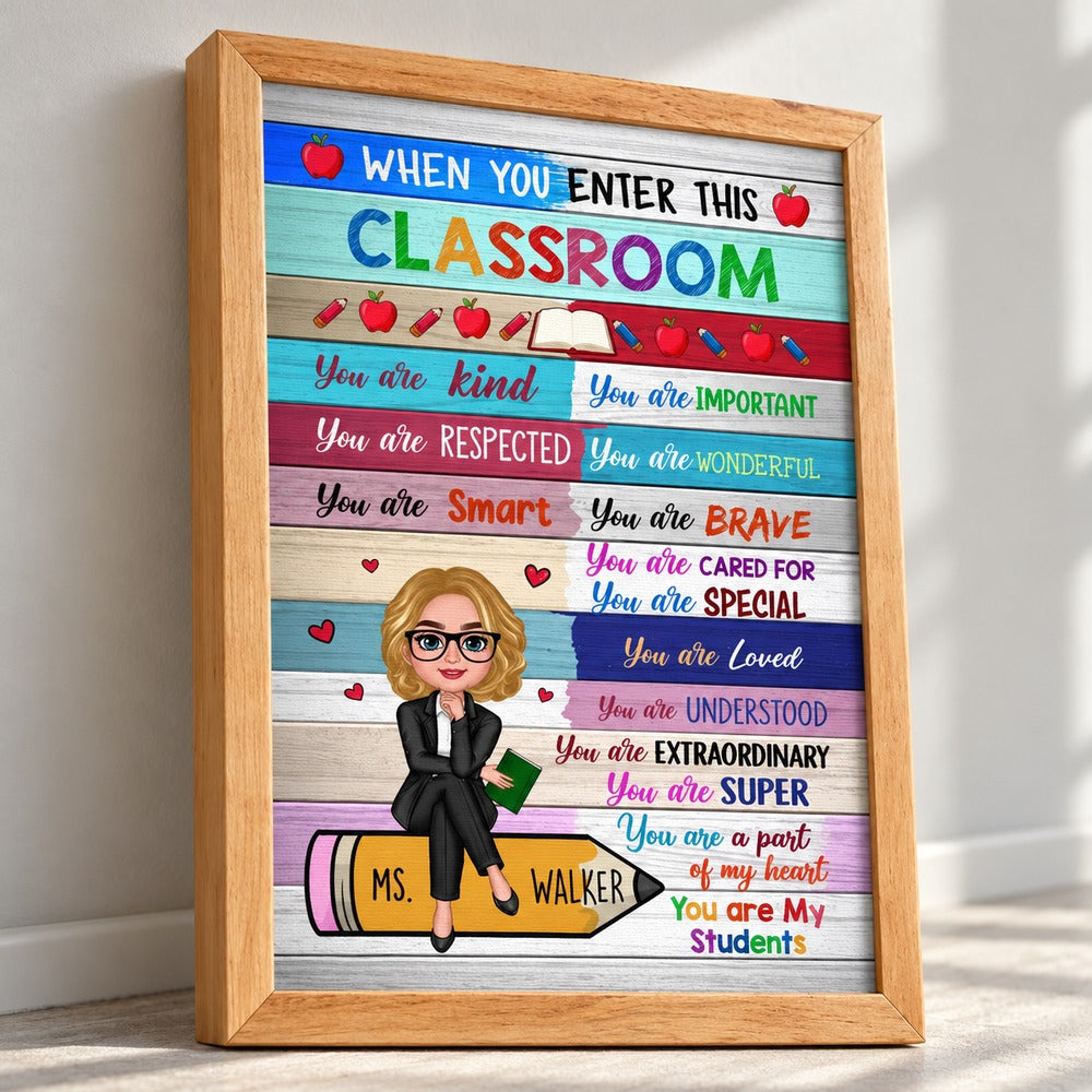 Close-up detail of canvas texture and natural wood frame on personalized teacher wall art
