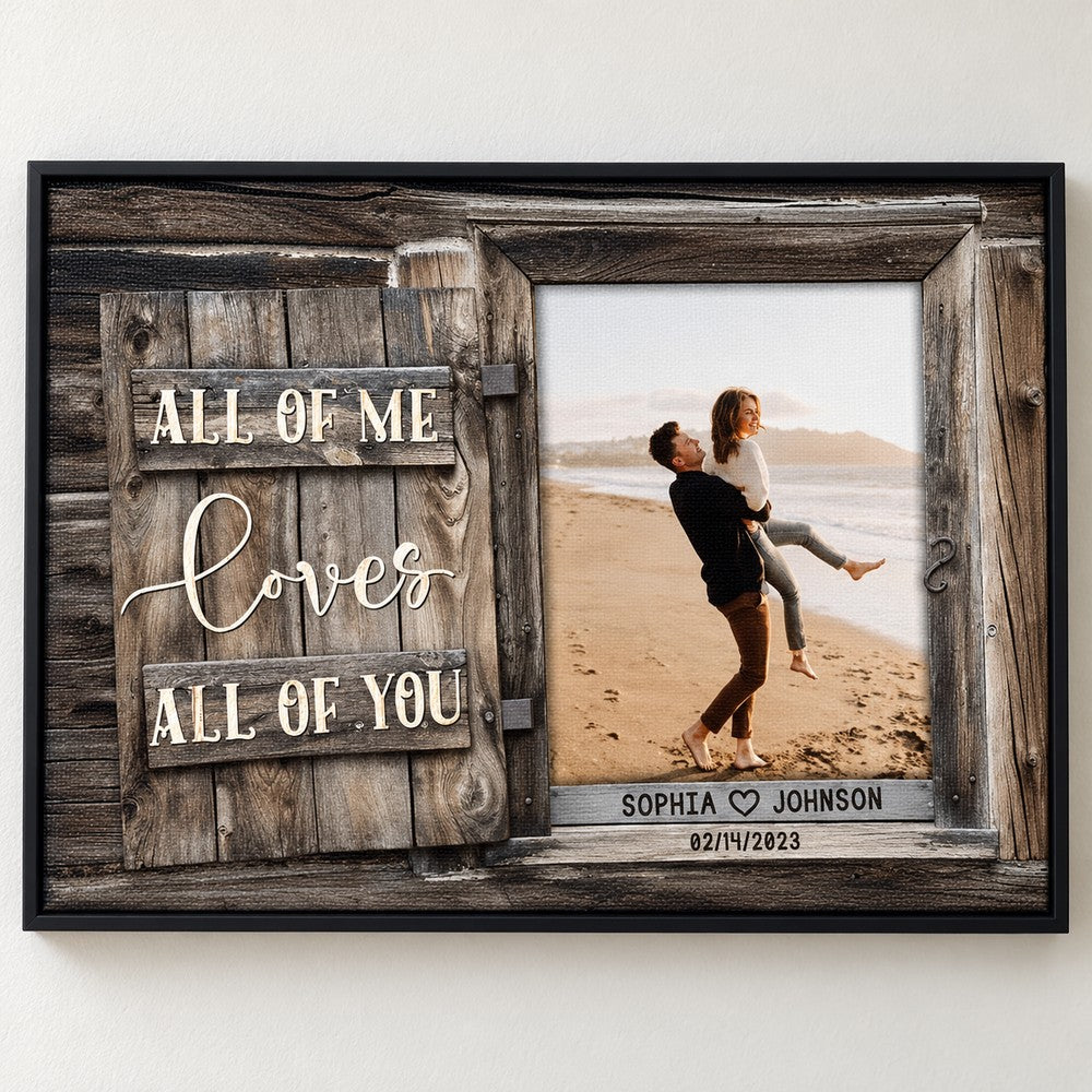 Close-up detail of canvas texture and personalized couple names on rustic wood print