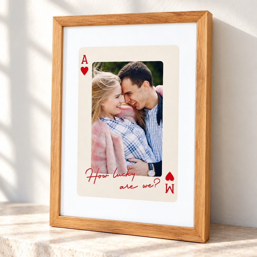 Close-up detail of wood frame and red script text on custom couple playing card print