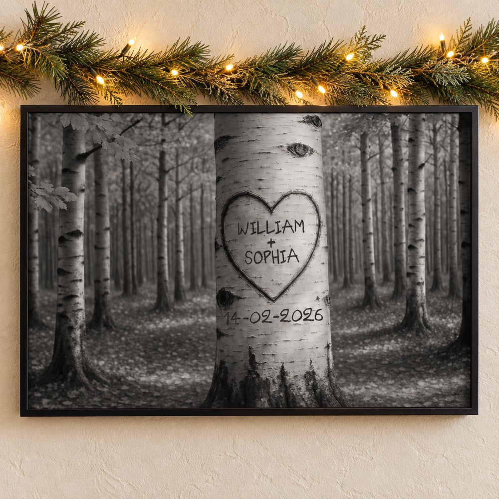 Personalized couple names birch tree heart canvas print on wall with holiday garland and fairy lights